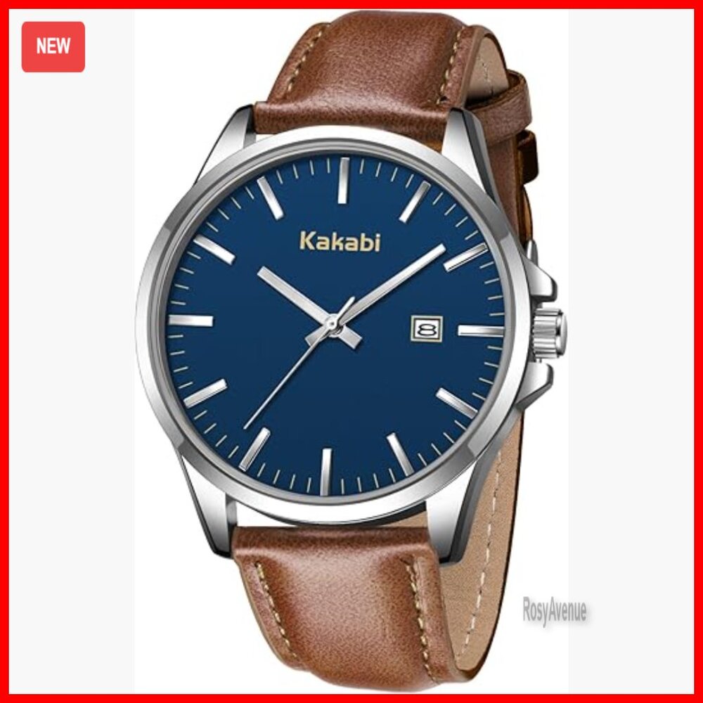 Men's Leather Strap Watch, 43mm Dial, Date Window, Water Resistant